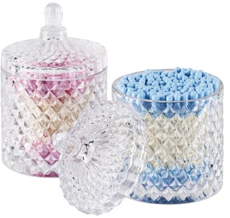 ALAMHI Qtip holder glass apothecary jars with lid bathroom accessories vanity organizer and make-up storage for cotton buds, ball, make-up sponges, bath salts, canister dispenser, 2 pack