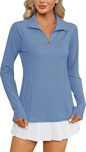IECCP UPF50+ Sportshirt Damen Langarm Rashguard 1/4 Reißverschluss Poloshirts für Damen Leicht Stehkragen Langarmshirt für Laufen Wandern Lavendelblau XL