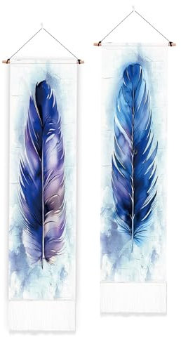 PLIGREAT 2er-Pack Blauer Federteppich Vertikaler Wandbehang mit Quasten Ästhetischer Wandteppich für Schlafzimmer Badezimmer Wohnzimmer Langer schmaler Wandbehang Home Art Decor Einweihungsgeschenk