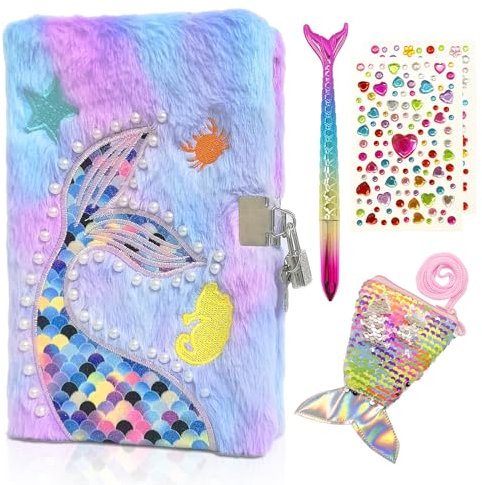 GROFIS Lot de 4 Sirène Journal Intime Fille, Carnet Secret en Peluche avec Cadenas, 160pages Recto-verso Lignées Notebook A5, Carnet de Notes avec Portefeuille à Sequins, Stylo, Autocollants