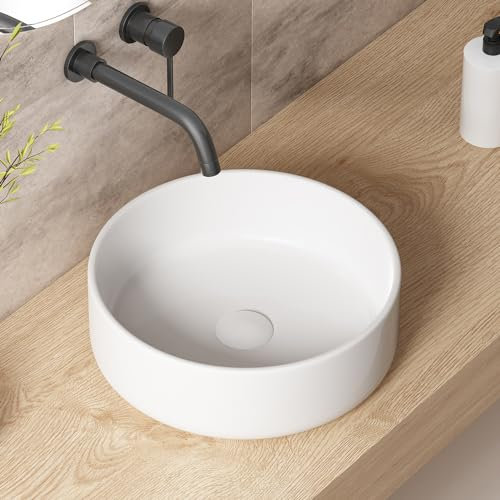 Fregaderos de baño pequeños sobre encimera: OCEALAGOON - Lavabo redondo de 14 pulgadas para baño de porcelana de cerámica blanca, lavabo moderno para baños pequeños