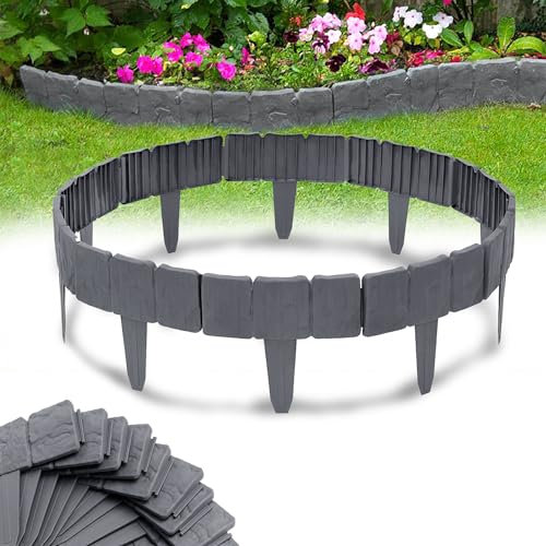 MAYTIIMO Rasenkante Kunstoff in Steinoptik Beeteinfassung Gartenpalisade Beetumrandung Mähkante Anthrazit, 25 x 23 cm, 40Pcs - 10 m
