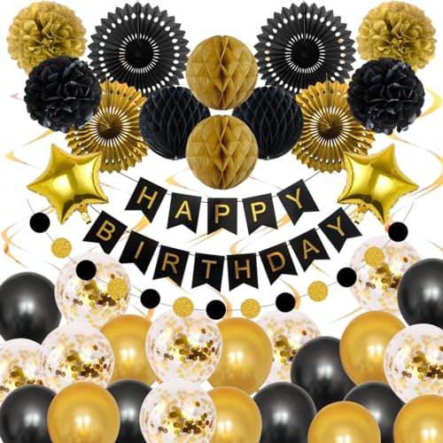 Décorations Anniversaire Noir et Doré Or, Guirlande de Pompon en Papier de Soie, Ballon Noir Or, Banderole Joyeux Anniversaire pour Femme, Homme, Mariage, Fête, Noël