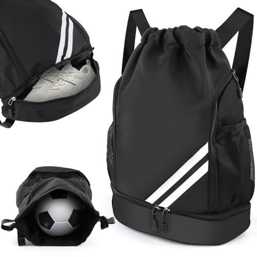 Sacca sportiva da palestra con coulisse, impermeabile, con scomparto sul fondo, borsa con tasca interna, tasca esterna, borsa da palestra per sport, viaggi e città, borsa da nuoto nera per uomo
