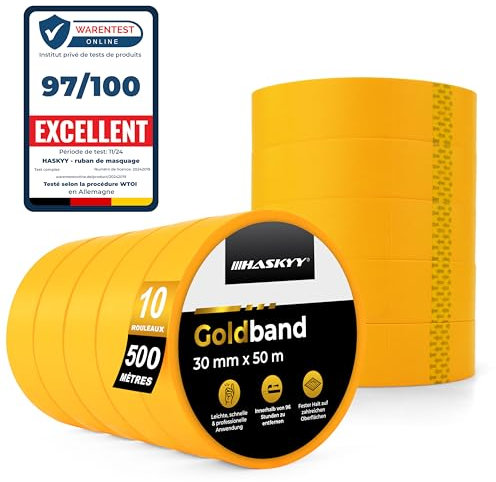 HASKYY Goldband Malerkrepp Kreppband 10x Malerband 30mm x 50m Profi Abdeckband Malertape Klebeband Washi Tape Gold Papiertape Selbstklebend