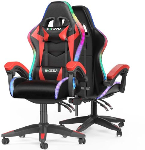 Gaming Chair with RGB LED Lights, Ergonomic Computer Chair for Adults with Headrest and Lumbar Support, Reclining Gamer Chairs with Racing Style, Backrest and Adjustable Height (With Led Light, Red)