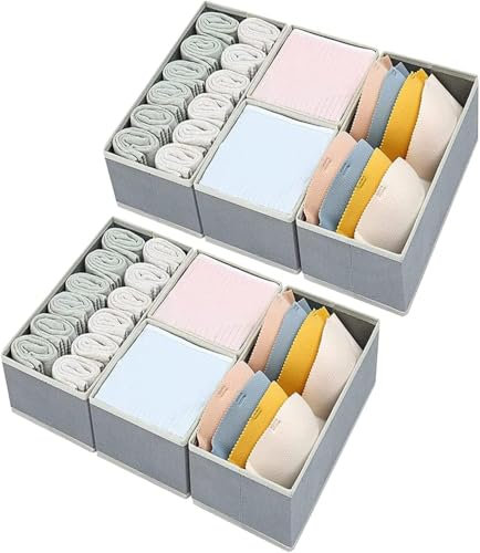 DIMJ Wardrobe Storage Organiser Cubes - Set of 8 Foldable Drawer Dividers Fabric Draw Organiser for Bras, Socks,Ties, Scarves, Cosmetics((Grey+Beige)