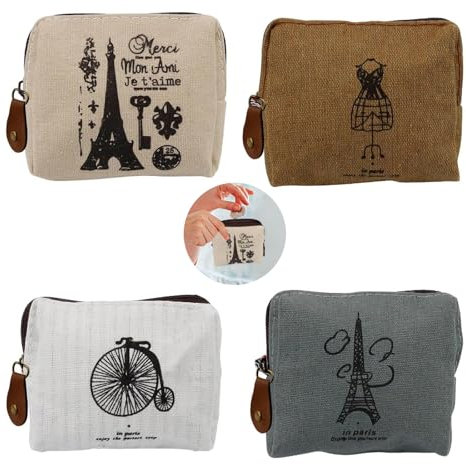 Mini Geldbeutel, 4 Stück Münzgeldbeutel Vintage Kleines Portemonnaie Damen Damen Canvas Münzgeldbeutel mit Reißverschluss und Muster für Münzen Karten Schlüssel