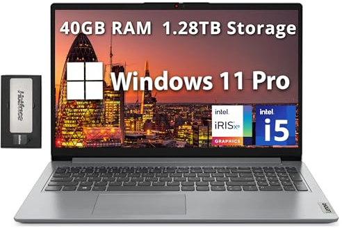 Lenovo IdeaPad 1i 15,6 FHD Business Laptop, Intel i5-1235U, 40GB RAM, 1.28TB di storage (1TB SSD + 288GB Docking Station Set), Intel Iris Xe Graphics, Num Pad, webcam 720p, WiFi 6, Win 11 Pro, grigio
