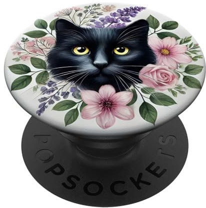 Schwarze Katze ästhetische rosa Blumen Blüten Floral PopSockets mit austauschbarem PopGrip