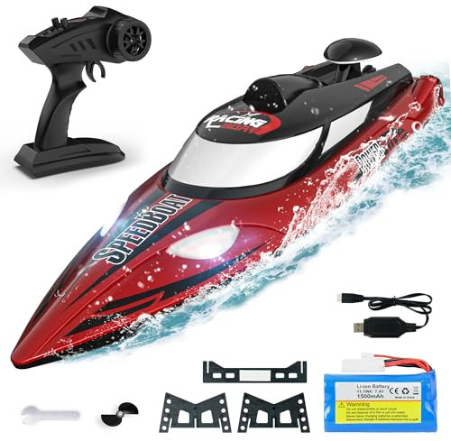 BEZGAR Large Remote Control Boat, 18 inch Big RC Boats for Adults, Fast Speed 35KMH radio controlled boat for Lake & Ocean, Kids Boys with 1500mAh Rechargeable Battery - TX125 Red