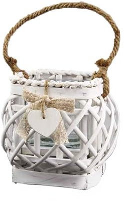 Ma Maison Lanterna da Arredo Ary con Porta Candela in Vetro: 14x20 cm, Realizzata in Vimini Bianco con Corda - Stile Shabby Romantica ed Elegante - Perfetta per Interni ed Esterni.