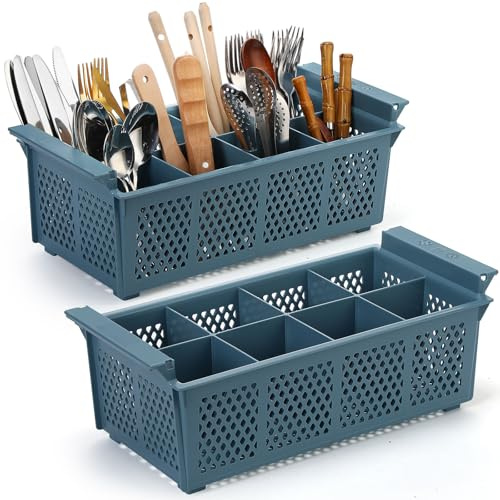 Yungyan 2 Pcs Flatware Dishwasher Basket Silverware Cutlery Washing Basket with Handle 16.81 x 8.07 x 5.91 Inches Utensil Holder Silverware Drying Rack for Commercial Dishwasher Restaurant (Blue)