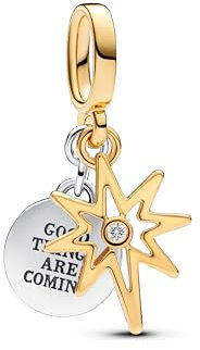 Pandora Moments Gravierbarer Polarstern Charm-Anhänger mit Labor gezüchtetem Diamanten aus Sterling Silber mit vergoldeter Metalllegierung, Kompatibel Moments und ME Armbänder, 763588C01