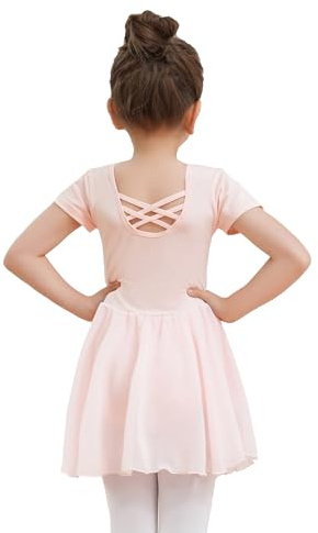 Dmwhsy Girls Ballet Dress Short Sleeve Dance Leotard Ballet Outfit Gymnastics Dancewear with Chiffon Skirt Pink