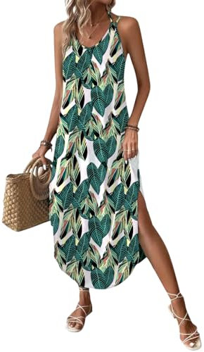 Chicrise Sommerkleid Damen V Ausschnitt Lang Maxikleid Blumen Sommer Strandkleid Oversize Elegant Mehrfarbig X Groß 46-48
