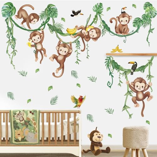 wondever Wandtattoo Affen Reben Dschungel Wandaufkleber Tiere Dschungel Tropische Blätter Grüne Wandsticker Wanddeko für Babyzimmer Kinderzimmer Schlafzimmer