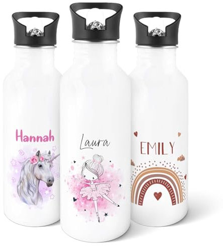 GRAVURZEILE - Bedruckte Trinkflasche aus Edelstahl - Ballerina - Personalisiert mit Namen - 600 ml - Auslaufsicher mit klappbarem Mundstück und integriertem Trinkhalm