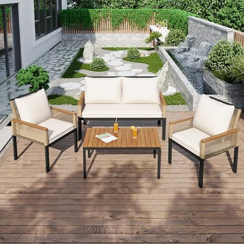 Merax Gartenmöbel Set 4-Personen, Polyrattan Balkonmöbel Lounge Sitzgruppe mit Tisch & Kissen, Ecksofa-Set aus Stahl und Holz, für Garten Balkon und Terrasse, Gartenlounge Set, Outdoor, Beige