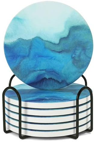WSRY-Home Ceramic Coasters Set of 6,Absorbent Drink Coaster with Holder,Cork Base,Suitable for All Kinds of Mugs Glasses Cups,Marble Coasters Blue