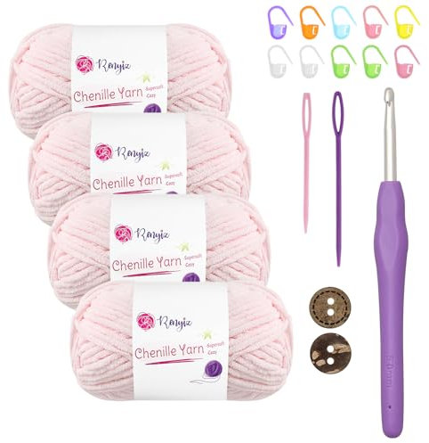 Gomitolo di ciniglia grosso, 4 x 50 g (60 m/matassa), lana spessa e soffice, perfetto per coperte per bambini all'uncinetto, con uncinetto da 5 mm, ideale per principianti, colore rosa