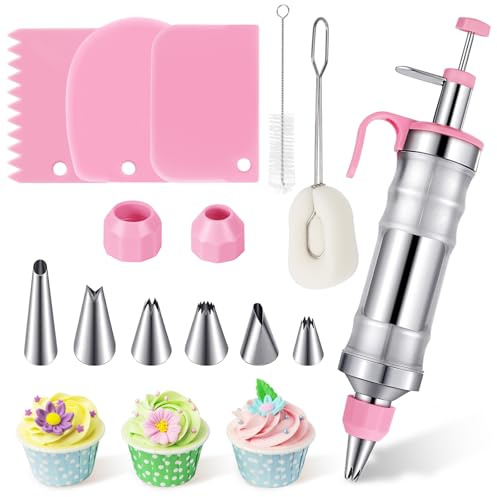 Dessert Decorating Syringe Set, Pink Icing Decoration Set Stainless Steel Cupcake Injector/Decorating Icing Set with 6 Nozzle, 3 Scrapers, 2 Brushes for Christmas Xmas Baking Biscuit Cake Decoration