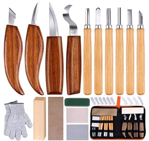 Holz Schnitzwerkzeug Set,Schnitzset Mit 10 Schnitzmesser,Schnitzwerkzeug Holz Für Kinder&Erwachsene, Schnitzmesser Set Mit Prakt Schnittfeste Handschuhe,Mattiertes Papier Und Schleifsteine