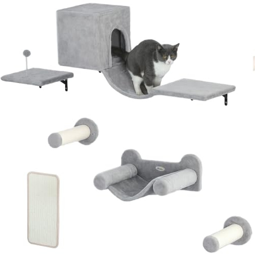 PawHut Kletterwand Katzen 6-Teilig Katzenkletterwand Set bis 5 kg Grau | Katzen Wandelemente mit Katzenhaus, Hängematte, Plattform, Kratzbrett, Katzenwandmöbel Set für Klettern Spielen Schlafen