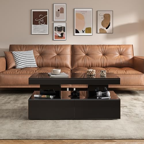 BRYXR Couchtisch mit LED Beleuchtung, Hochglanz Wohnzimmertisch mit 2 geräuschlosen Schubladen und Offenem Fach, Eleganter Beistelltisch für Wohnzimmer und Büro (Schwarz)