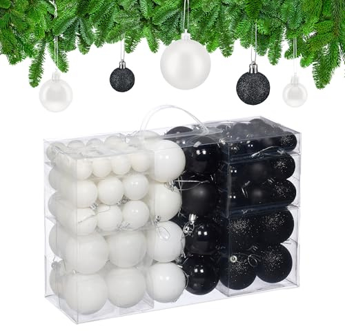 Relaxdays Palline di Natale, Set 100 Palle Albero, Addobbi Natalizi, Opache, Lucide e Glitter, ∅ 3, 4, 6 cm, Nero Bianco