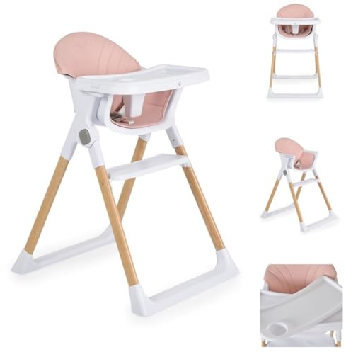 Cangaroo Kinderhochstuhl Almond Holzoptik klappbar Doppeltablett Sicherheitsgurt rosa