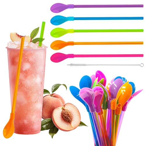 30 Pcs Slush Straws, 2 in 1 Colored Straw Spoon, Plastic Reusable Straws, Drinking Straws for Cocktails Coffee Drinks Ice Cream (5 Colors)
