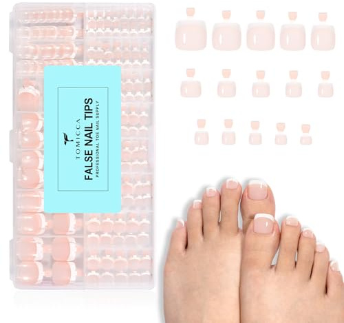 TOMICCA 240 Pièces French Faux Ongles Pieds Court Carré, 15 Tailles | French Manucure 3 en 1 Nude Rose et Blanc Capsules Pieds Couverture Complète, Kit Ongles Pieds pour Femmes et Salon Nail Art