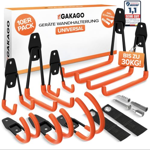 Gakago Gerätehalter Wandhalterung – 10er Garagenhaken Set inkl. Dübel, Schrauben & Anleitung – Werkzeughalter Wand für Gartengeräte, Leiter & Garage Organizer – Gerätehaken Wand bis 30kg