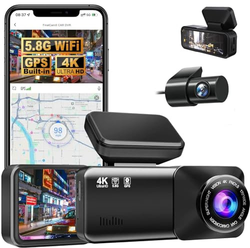 4K Dashcam mit 1080P Heckkamera, WiFi, 64GB SD Karte, Dual Kamera, 170° Weitwinkel, Nachtsicht, Loop Aufzeichnung App Steuerung für Auto (Schwarz)