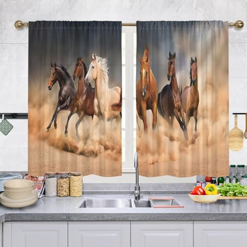 Odot Scheibengardinen Set 2 Teilig Küche Kurz, Kurzvorhang Bistrogardine Küche 3D Tier Muster Blickdicht Landhausstil Kurzstores Gardinen mit Stangendurchzug (Braun Pferd,W 140 H 145cm)