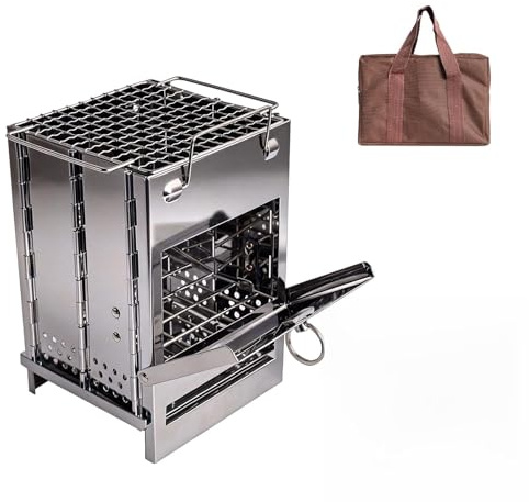Estufa de Leña Plegable 21x14 cm Acero Inoxidable, Estufa Camping Portátil con Rejilla Metálica y Bolsa Transporte, Hornillo para Senderismo Mochilero Exteriores