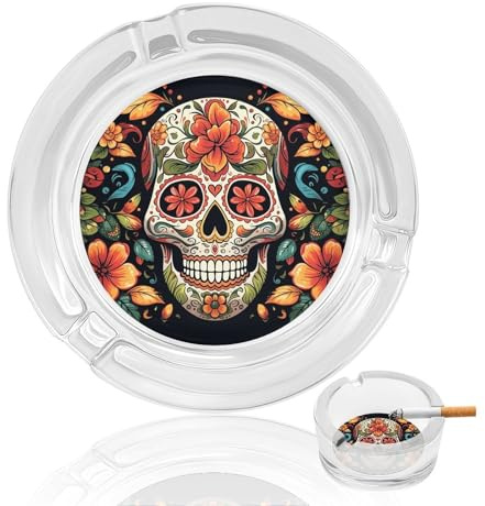 Cendrier en verre pour cigarettes, motif tête de mort mexicaine colorée, cendrier classique de 8,4 cm de diamètre, idéal pour la maison, le bureau, l'intérieur ou la terrasse.