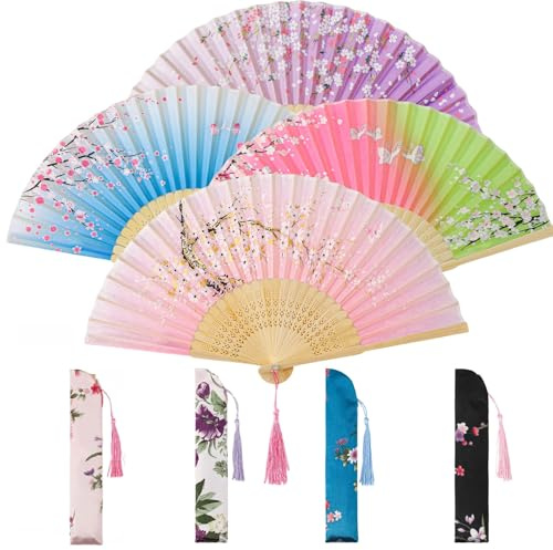 saerryor 4 Pcs Folding Hand Fans, Vintage Sakura Silk Bamboo Fans Set | with 4 Delicate Bags Tassel, Chinese Vintage Style Women Handheld Fan for Wedding Favours Party Decoration Travel