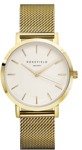 Rosefield Femme Montre The Mercer Boîtier Rond avec Cadran Blanc and Bracelet Or en Maille milanaise