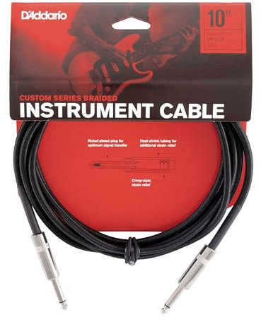 D’Addario Accessories Custom Series Braided Guitar Cable - Instrument Cable with Nickel Plated ¼ Inch Ends - Protects Guitar Cord Against Cuts, Kinking - 10 feet - Black