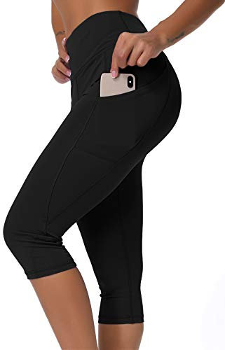 INSTINNCT Damen Doppeltaschen Sport Leggings 3/4 Yogahose Sporthose Laufhose Training Tights mit Handytasche Capris(normal) - Schwarz-1 L