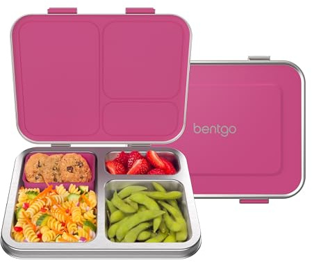 Bentgo Kids Stainless Steel Leak-Resistant Lunch Box - 3-Compartments with Bonus Silicone Container, Durable, Eco-Friendly, Dishwasher Safe, BPA-Free, Ideal for School, Ages 3+ (Fuchsia)