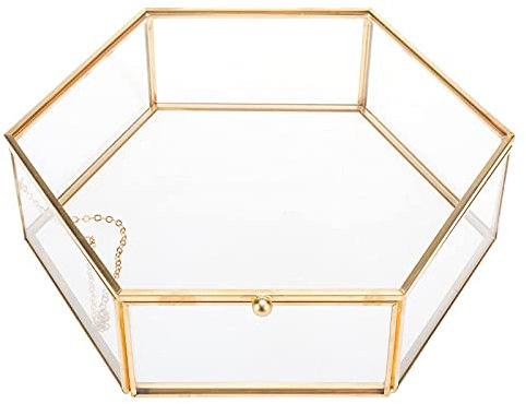 Homtone Joyero de cristal vintage, organizador de maquillaje, caja de regalo hexagonal, soporte de exhibición para recuerdo, pulsera, anillos, pendientes, collar, boda y decoración del hogar (grande)