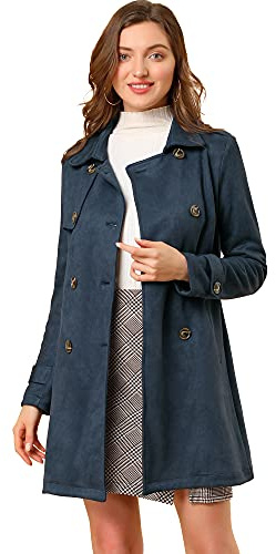 Allegra K Damen Trenchcoat mit gekerbtem Revers Zweireihig Faux Wildleder Trenchcoat Jacke mit Gürtel, Dunkelblau, XS