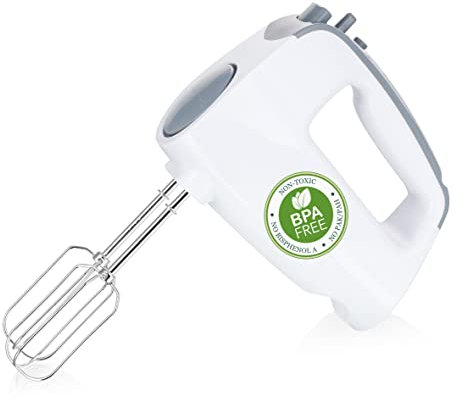 EMERIO HM-110921.12 - Batidora de mano eléctrica (250 W, 6 velocidades, botón turbo extralargo de 18,7 cm, gancho para amasar (apto para lavavajillas), mango suave