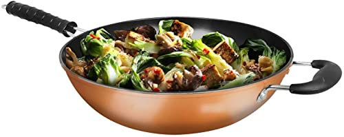 Vision4ever 1Pcs 2 Handle Wok Large Copper Carbon Chinese Stir Fry Non Stick Frying Pan Easy to Use and Cleans