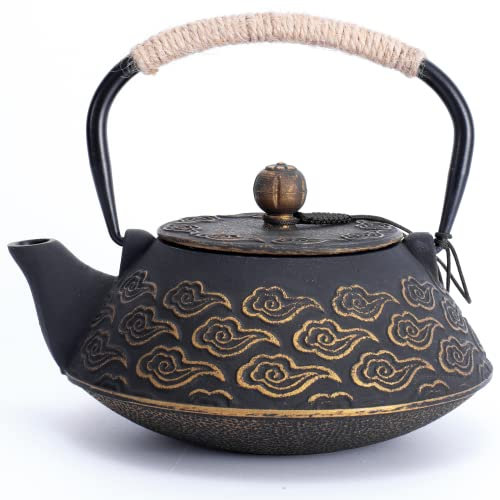 MILVBUSISS Gusseisen-Teekanne, japanische Teekanne mit Infuser für losen Tee, 800ml Teekessel für Herdplatten geeignet, mit emailliertem Innenbeschichtung, Wolkenmuster, 27oz Schwarz