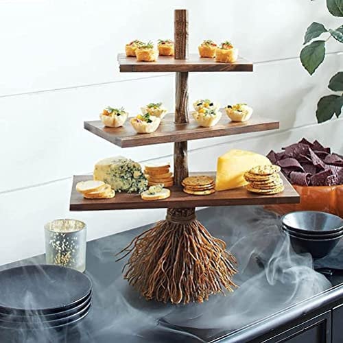 SUPYINI Halloween Cupcake Stand, Halloween Broomstick Snack Bowl Stand,Wooden Cupcake Dessert Plates Ornament Halloween Pumpkin Decorations Holiday Festival Wedding Party Supplies