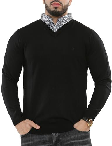 NOROZE Men's Jumper Mock Collar Knitted V-Neck Plain Classic Sweater Pullover Knitted Sweatshirt (3XL, Black)